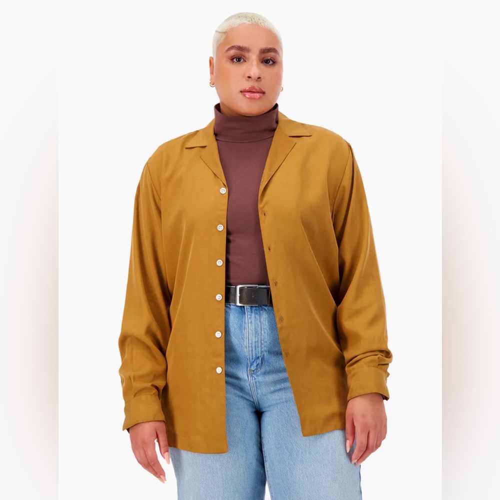 Good for Sunday women’s toffee Tencel Notch Collar Shirt M NWT slate blue L43-16